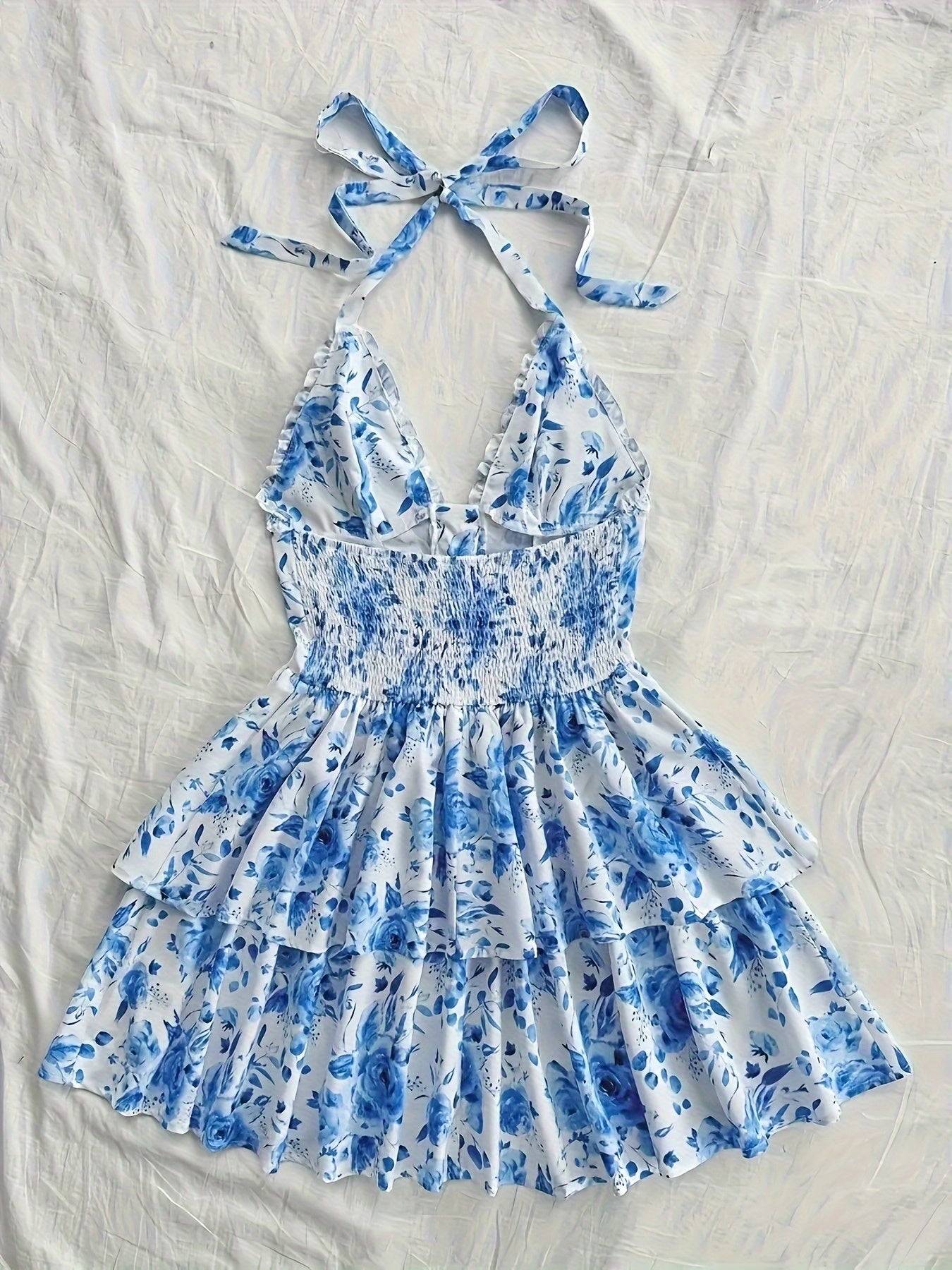Women’s Summer Floral Halter Dress – Sleeveless Lace-Up Back, Cute A-Line Design, 100% Polyester, Vacation Outfit