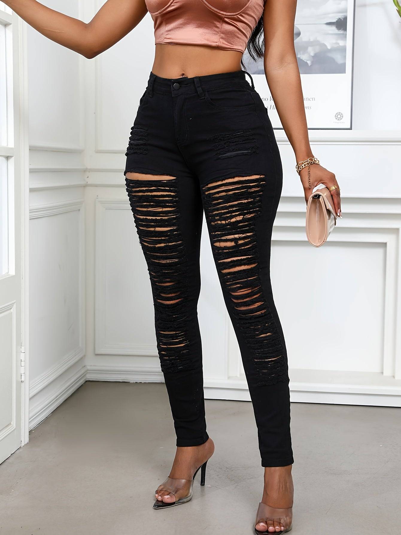 Women’s Black & White Stretch Ripped Jeans Distressed Design Casual All-Season Wear