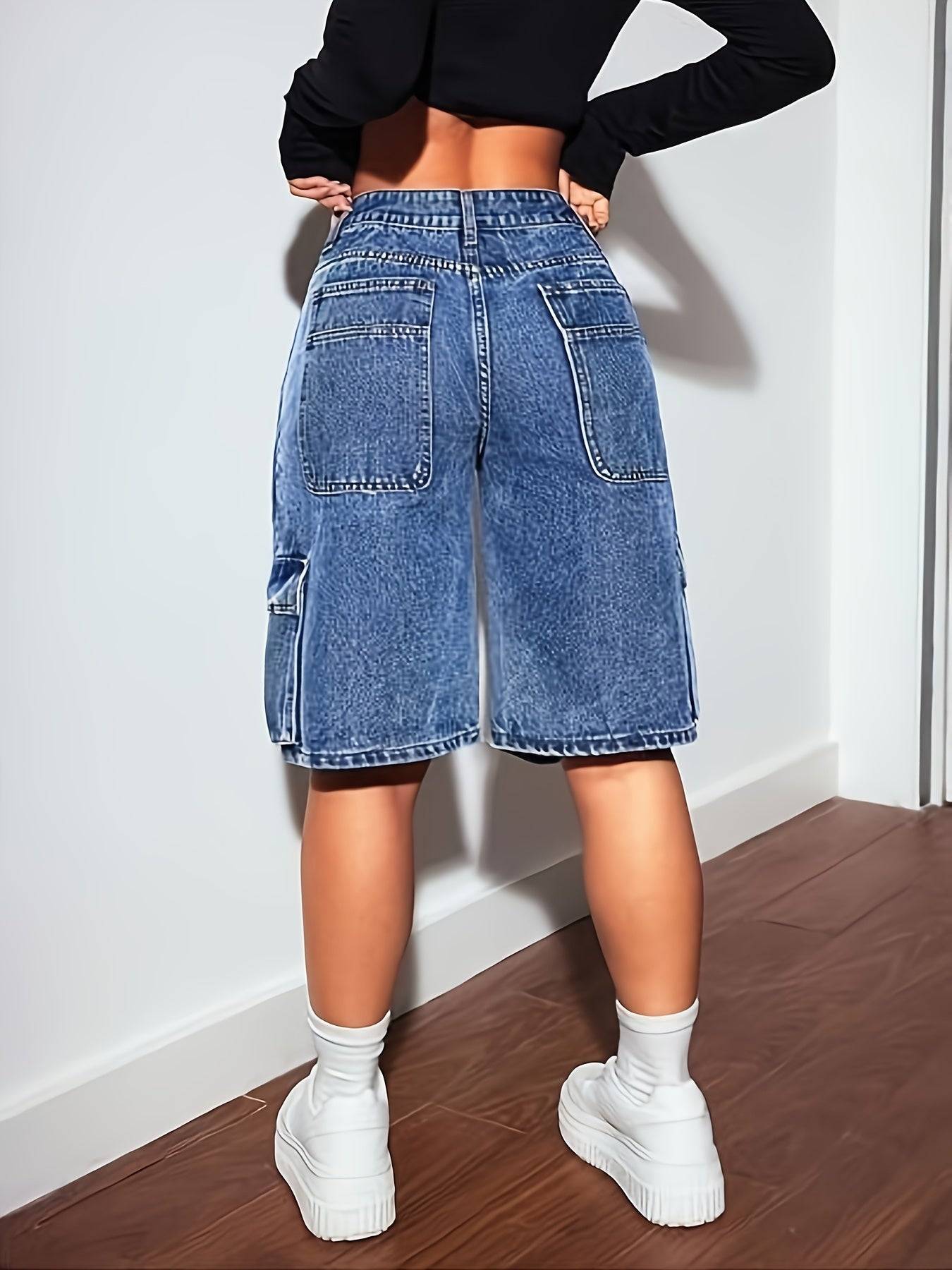 Women’s High-Rise Denim Shorts Wide-Leg Cargo Style with Utility Pockets for Summer Comfort