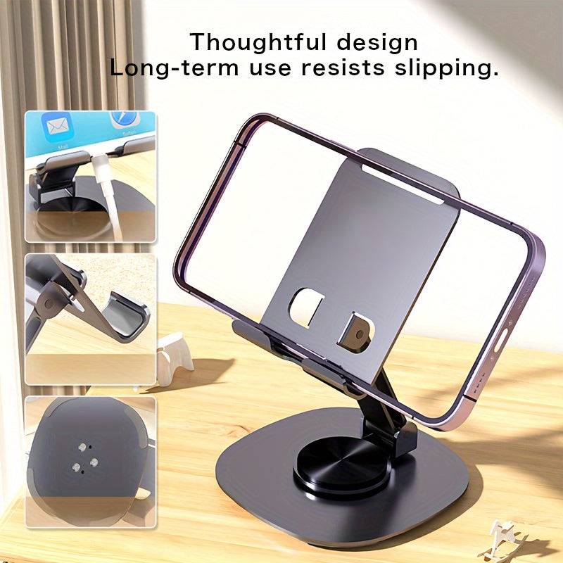 Metal desktop phone stand with 360° rotating base, foldable design, silicone pads, and mechanical click