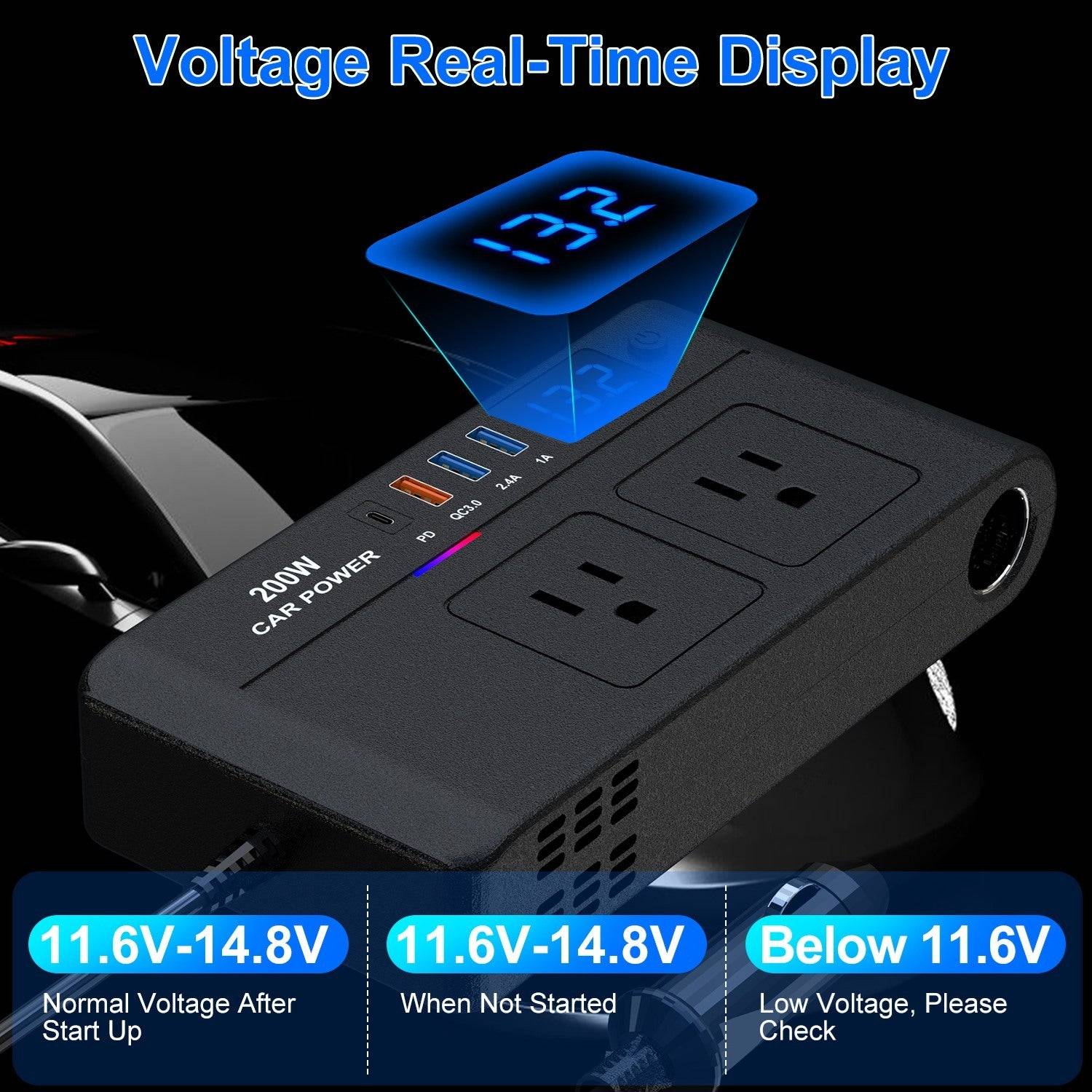 200W Car Inverter with AC Outlets and Fast Charging Ports