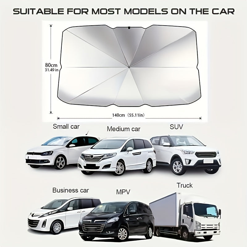 Foldable car windshield sun shade umbrella for front windows, blocks UV rays and heat, fits most car models