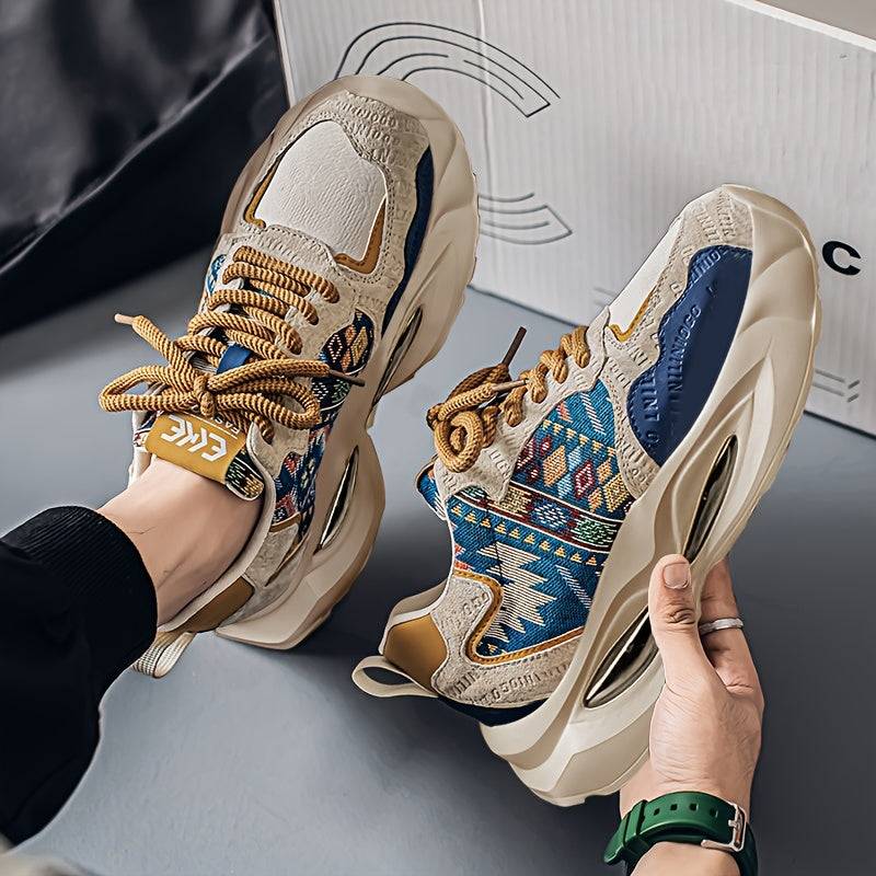 Beige Women’s Plus Size Chunky Sneakers with blue tribal accents and thick sole, ideal for casual wear and height boost in sports fashion.