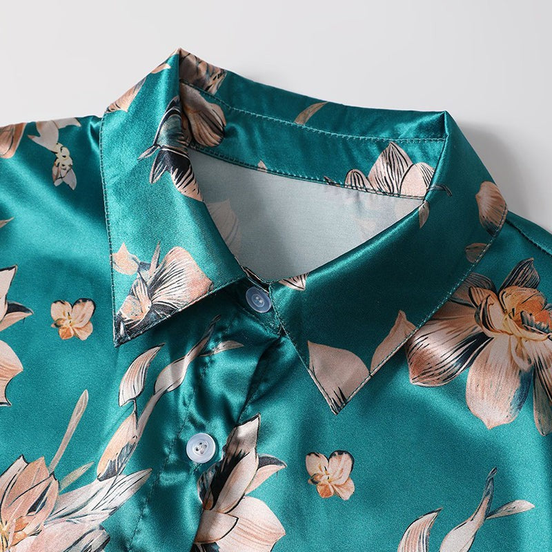 Elegant Satin Shirt with Lapel Collar and Tapered Waist