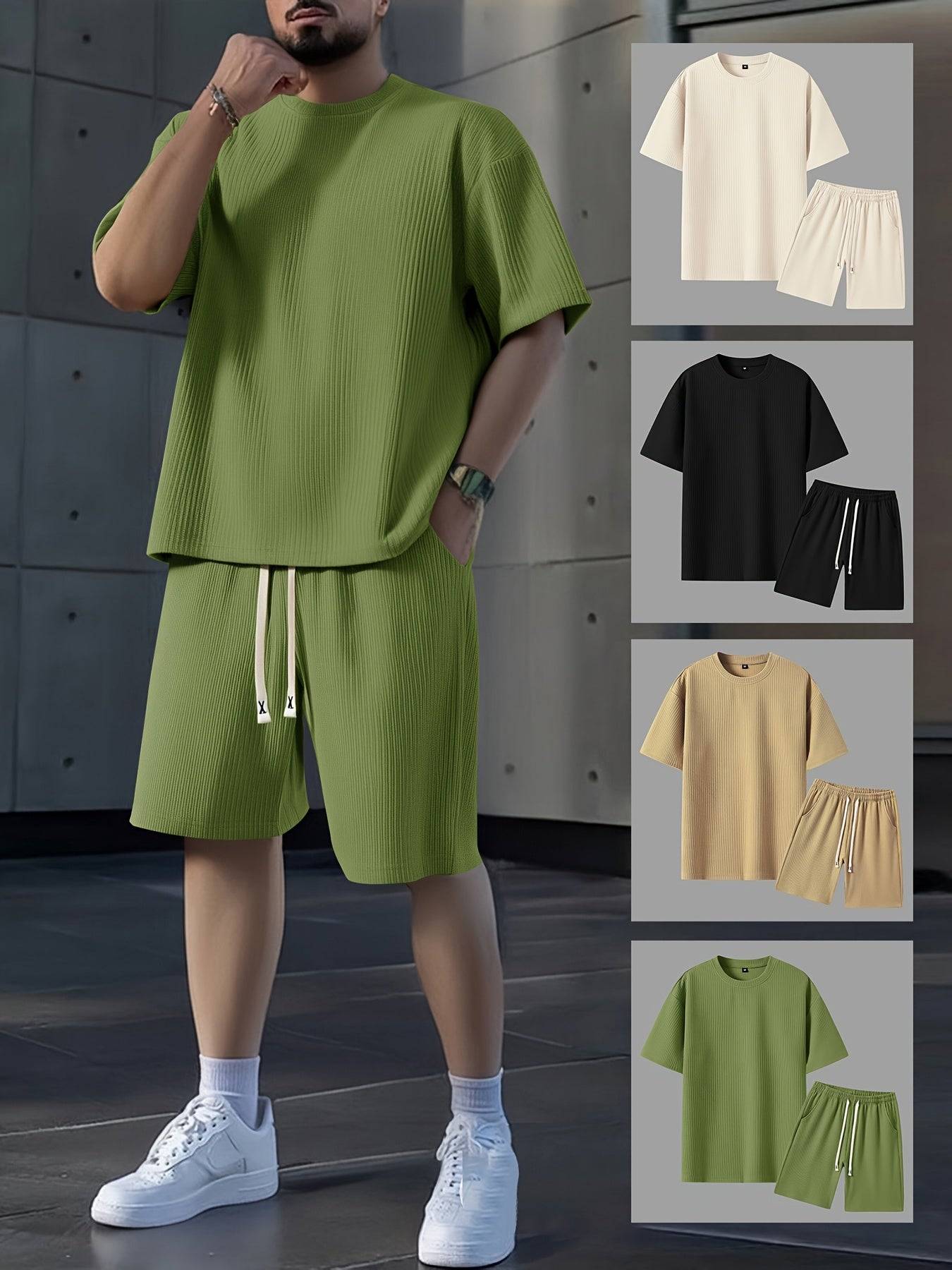 2pcs Men’s Summer Outfit Set – Short-Sleeve T-Shirt & Stretch Shorts in Textured Jacquard Fabric for Casual, Fitness & Beach Wear