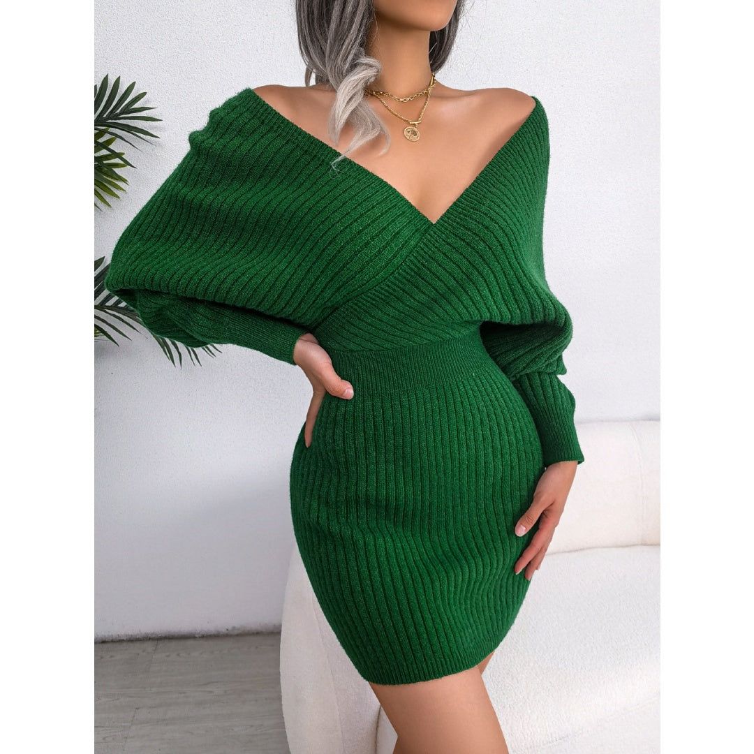 Dress Acrylic Bodycon Mini Cross V Neck Batwing Sleeve