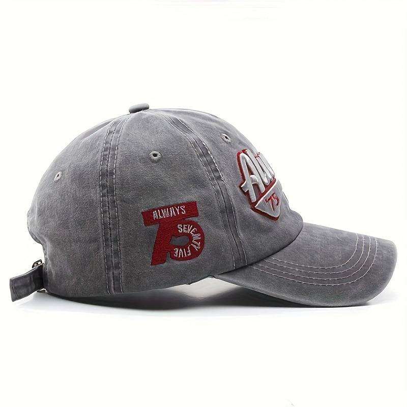 Side view of grey adjustable baseball cap with red 'Always' embroidery, designed for hiking, travel, and casual outdoor style.