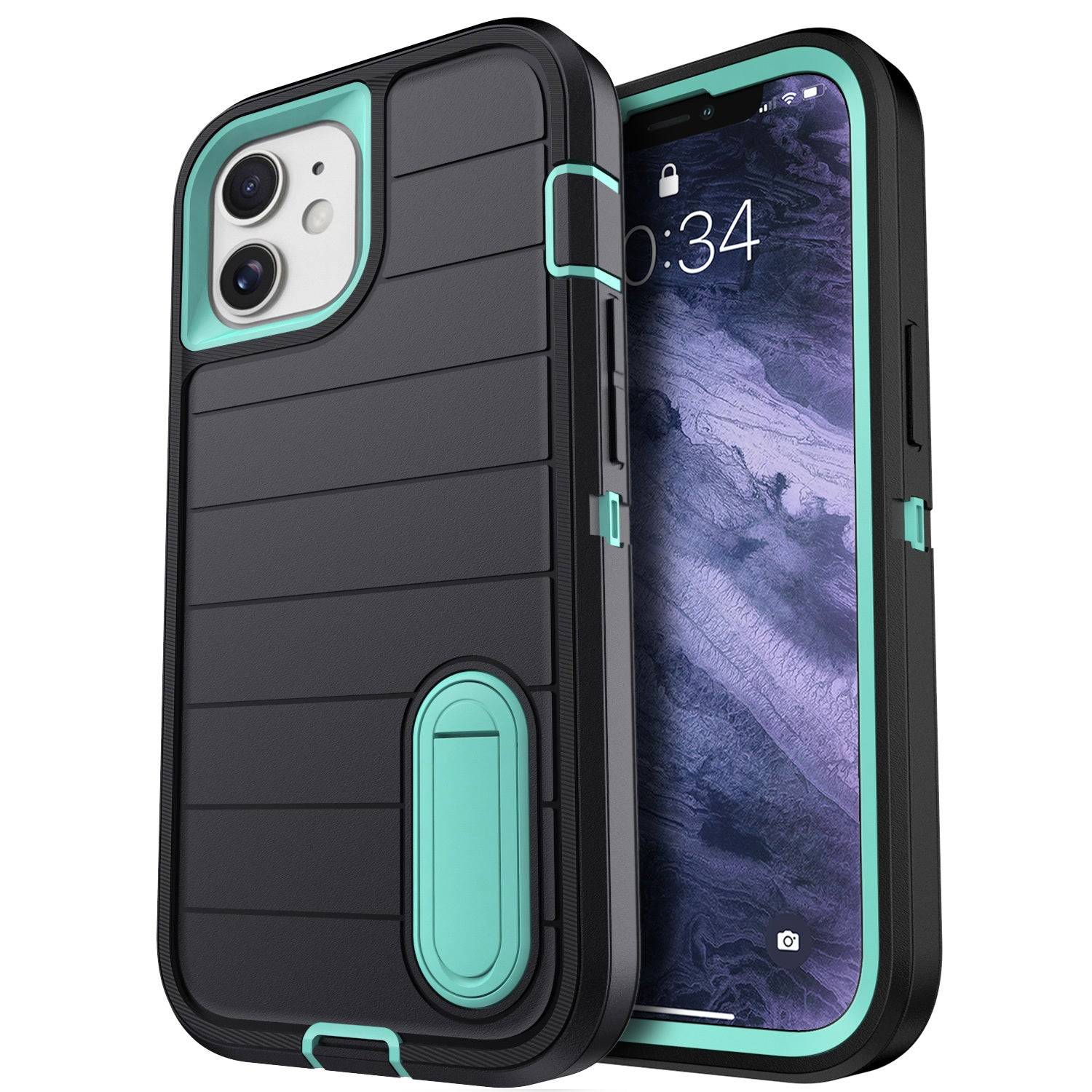 Shockproof 3-in-1 Heavy Duty Case for iPhone 11 with Kickstand, Rugged Protective Cover and 4-Pack Full Coverage Tempered Glass Screen Protectors