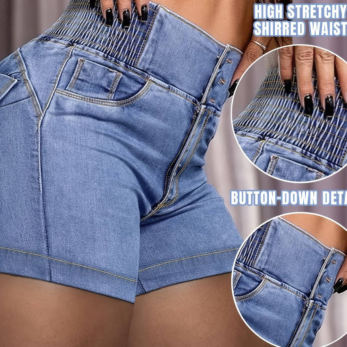 Close-up of high-waisted denim shorts with shirred waistband and button-down front, highlighting stretch fit and multicolor crisscross detail.