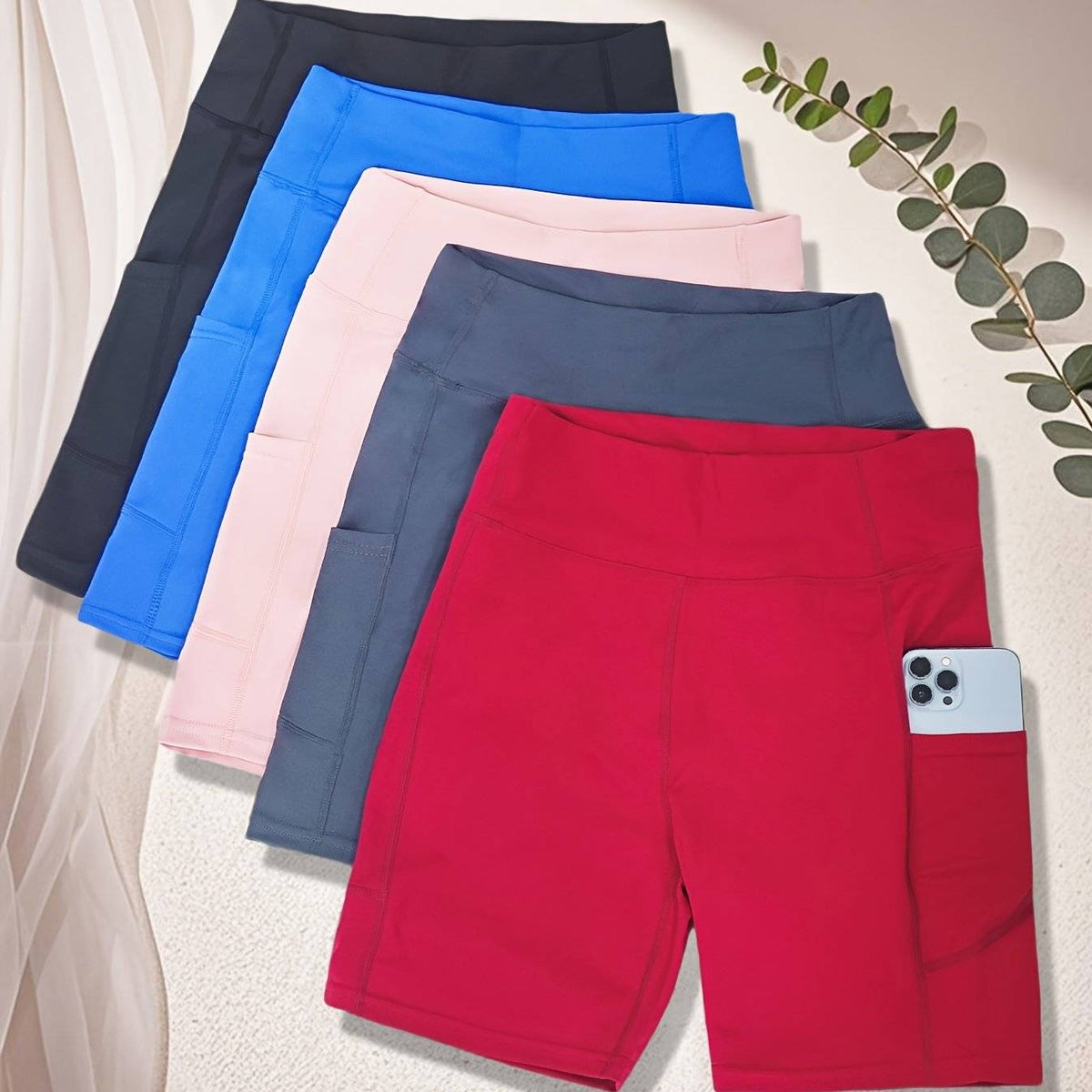 5-Pack Women’s High-Stretch Athletic Shorts with Side Pockets, Quick-Dry Breathable Fit for Fitness & Summer Training