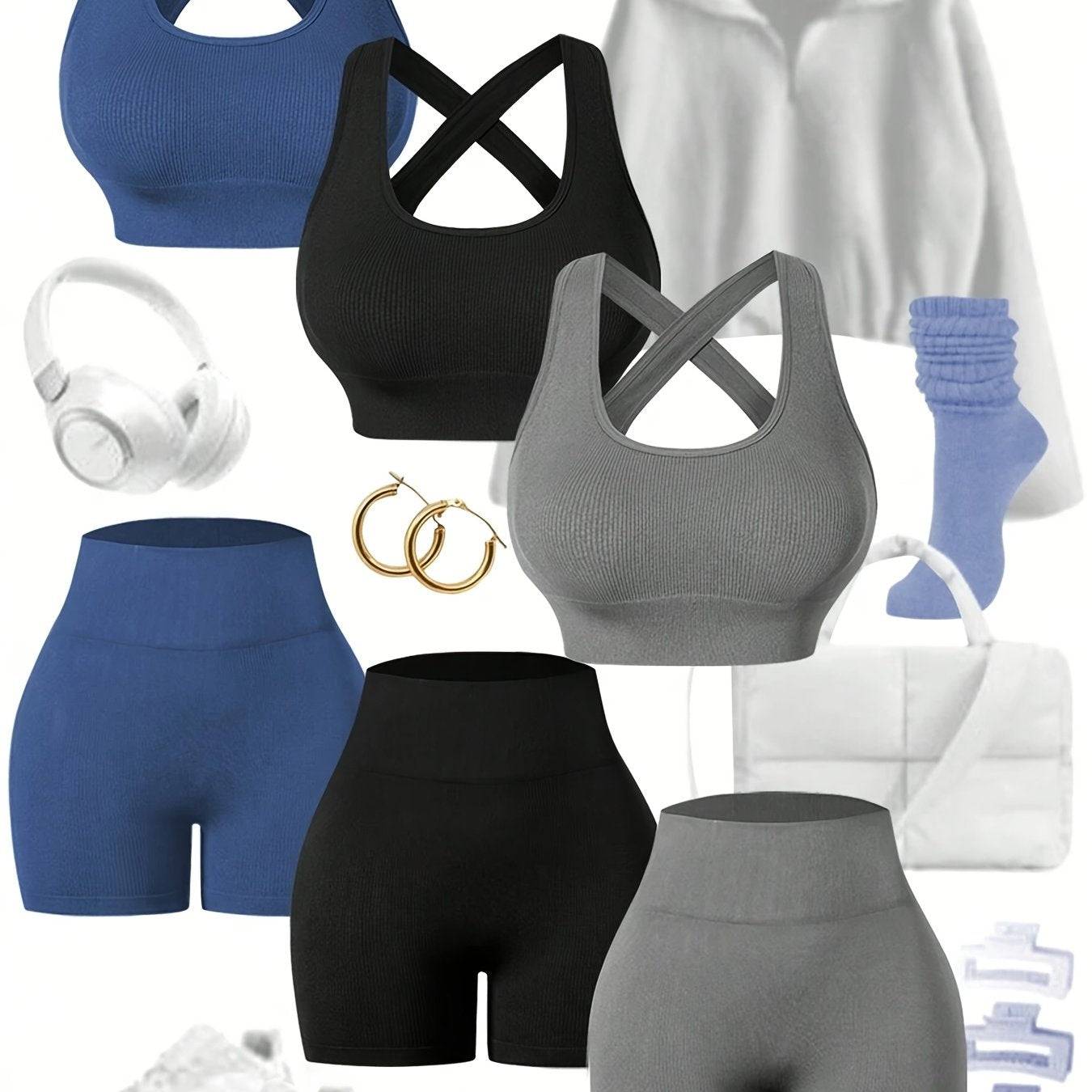 3-Piece Women’s Seamless Sportswear Set with See-Through Back Bra & High-Stretch Shorts, Tight Fit for Training & Fitness