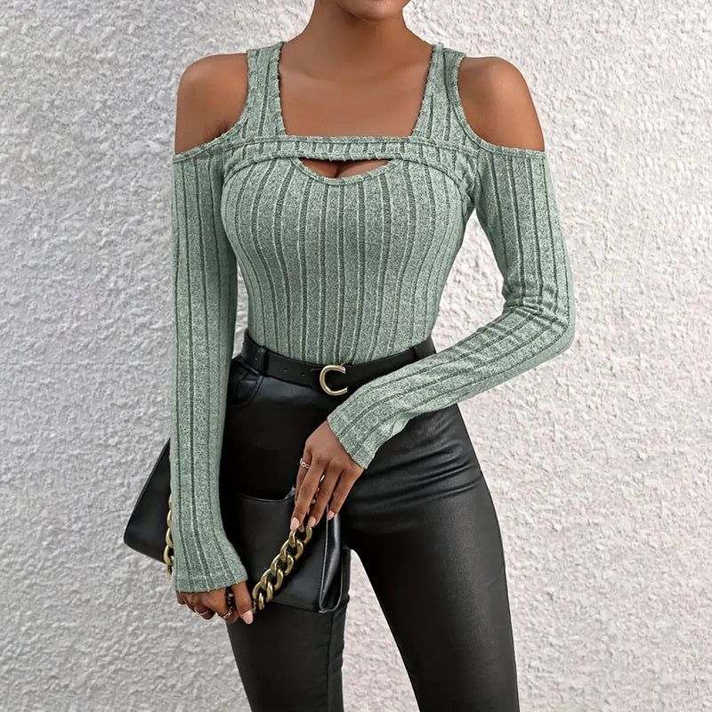 Women’s Ribbed Long Sleeved Top with Front Cut Out
