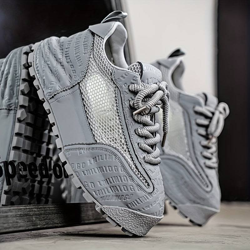 Men's plus size mesh sneakers with lace-up, mid-top, thick non-slip rubber sole, durable PU upper and cushioning, all-season comfort.