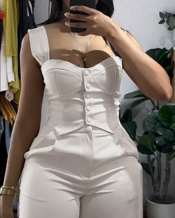 Women’s Two-Piece Vest Suit Apricot Spaghetti Strap Crop Top with High Waist Wide Leg Trousers