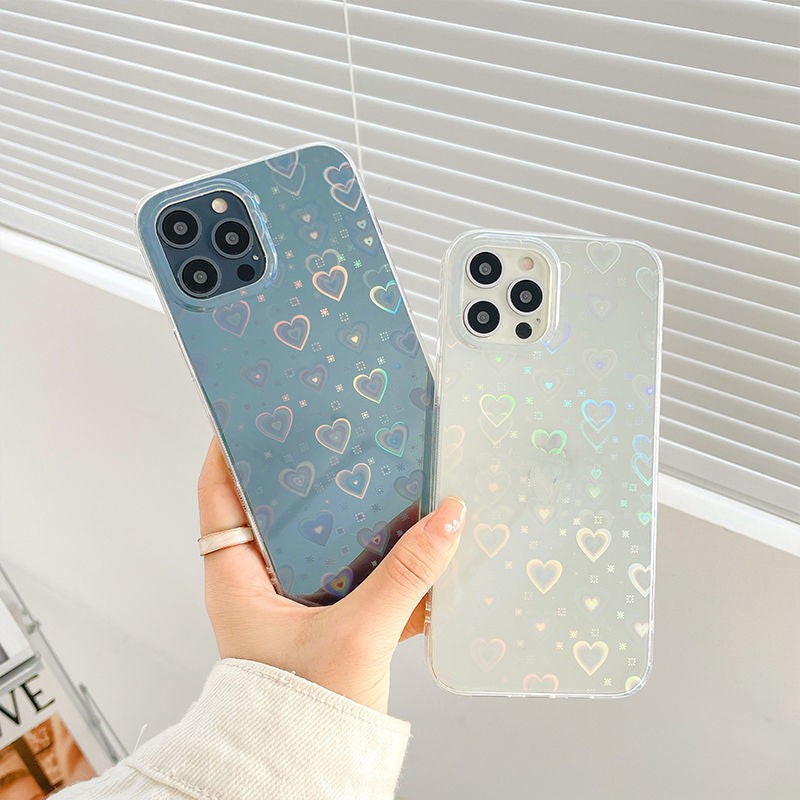 Set of two silicone phone cases with laser colorful heart designs, offering stylish love protection and scratch resistance for modern smartphones.