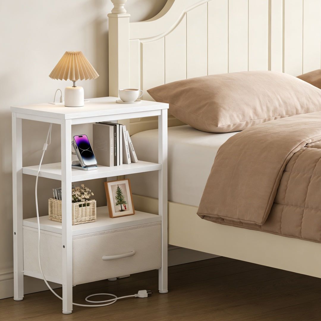 White Bedside Table With Charging Station And Storage