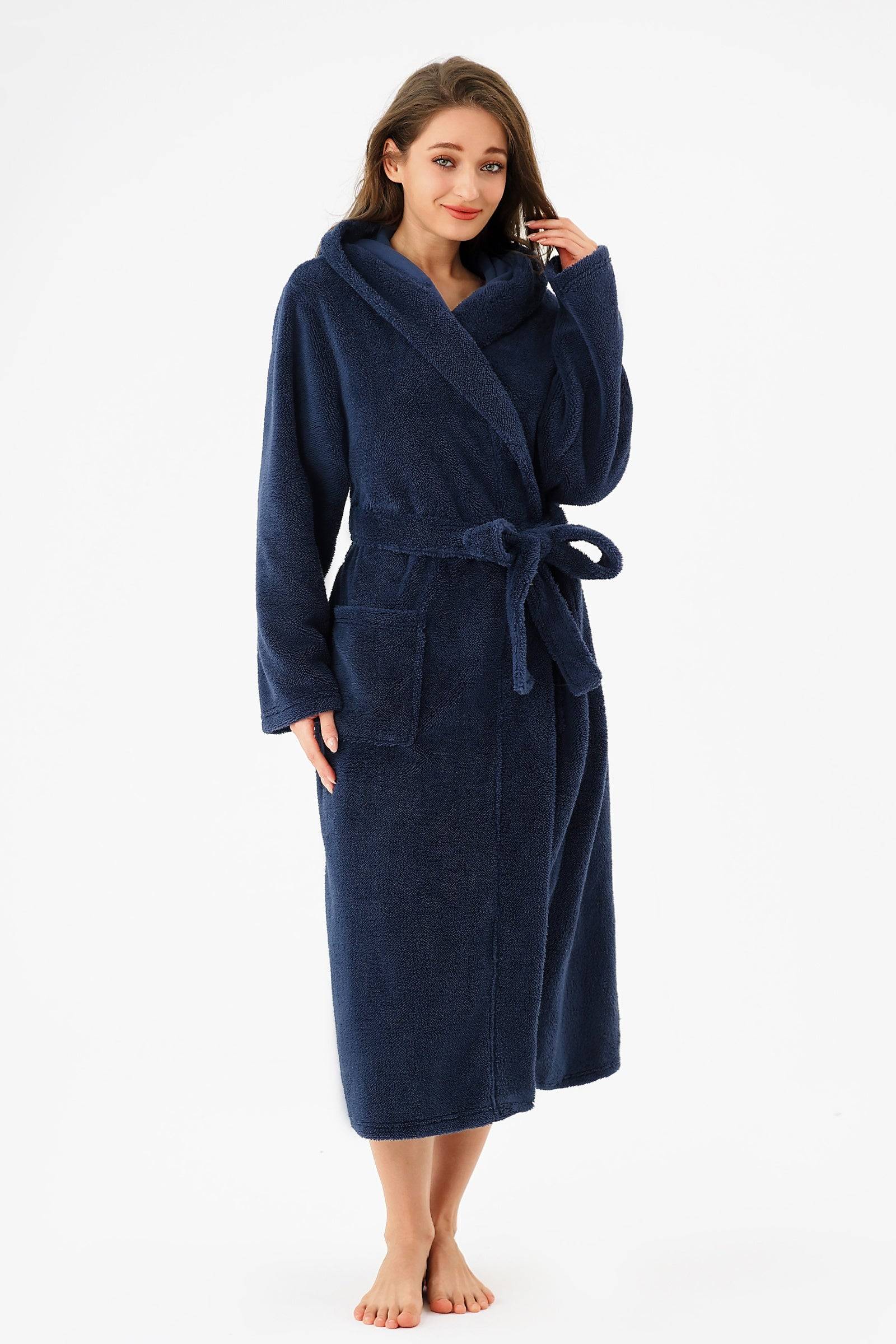 Womens Robe Long Hooded Plush Fleece Bathrobe with Pockets
