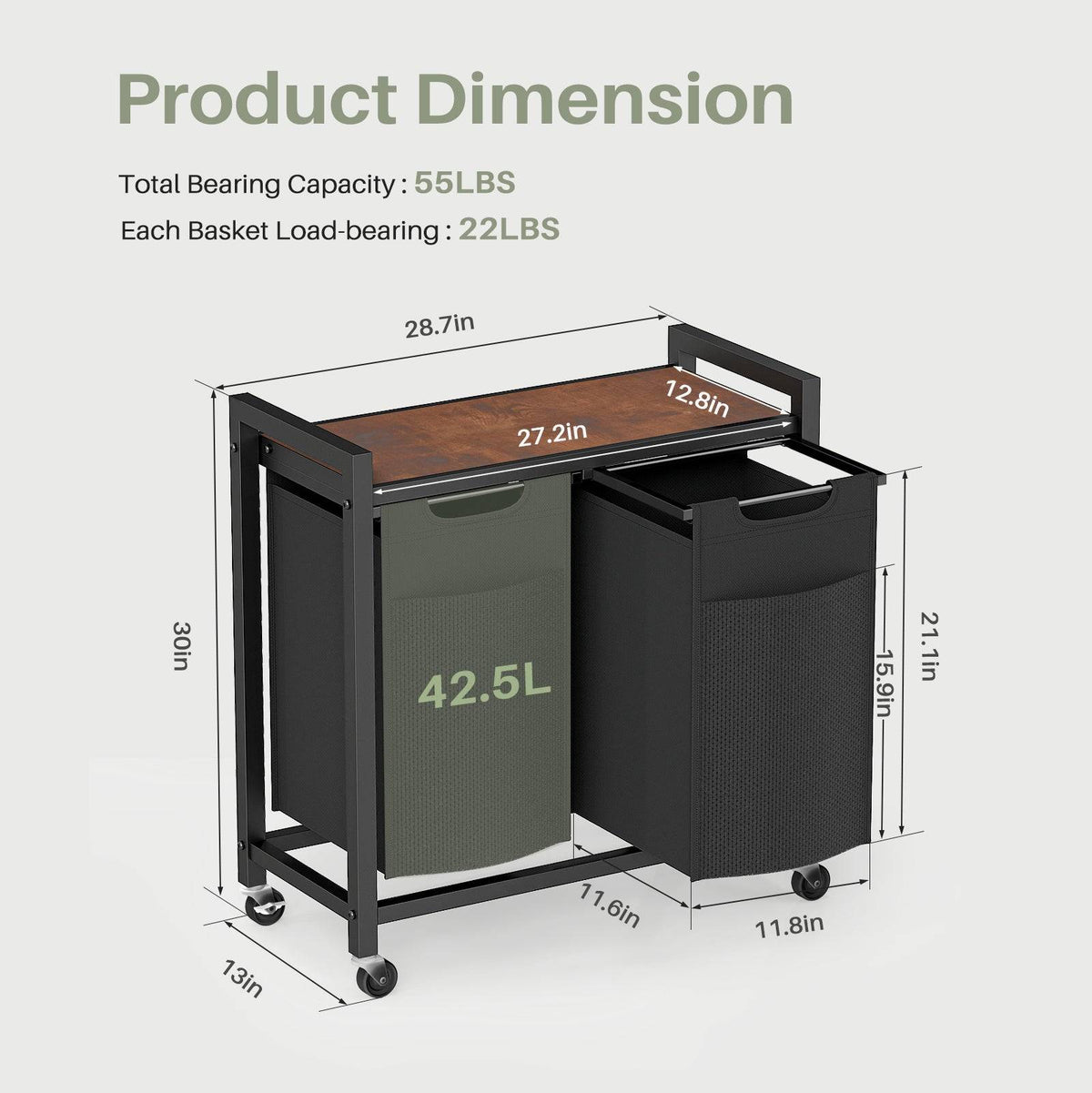 Laundry Basket with Removable Bags and Storage Shelf