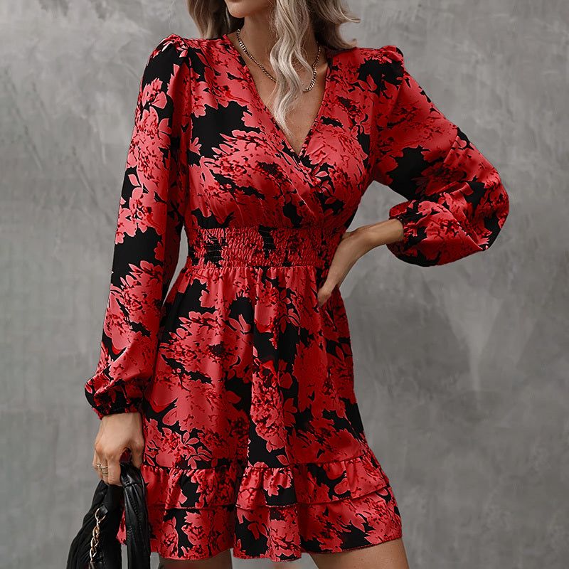 Printed A Line Dress with V Neck and Lantern Sleeves