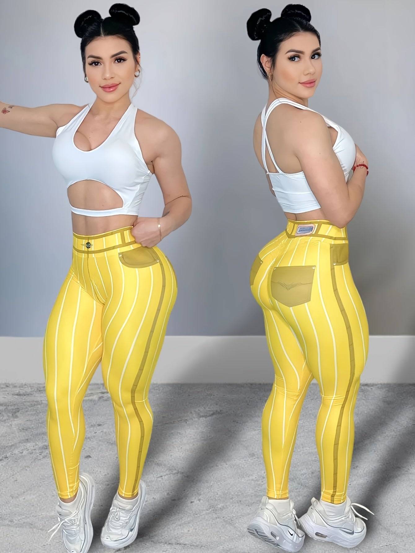 Women's High-Waisted Denim Print Leggings, Stretchy 9" Length Pants with Striped Pattern and Fake Pockets, Slim Fit for Gym and Casual Wear