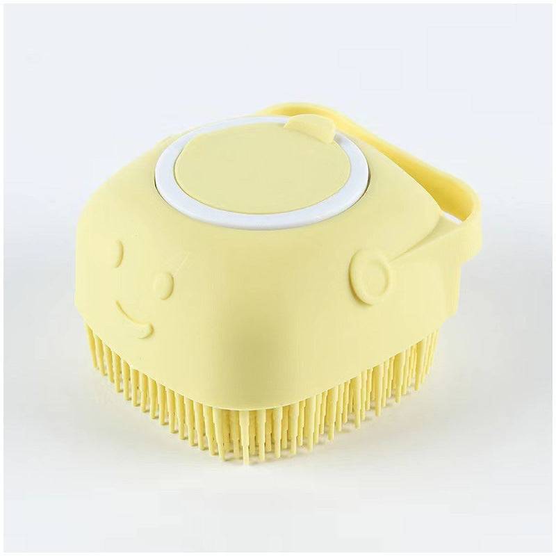 Dog and cat bath brush with shampoo dispenser, soft silicone bristles, ideal for long and short hair during shower