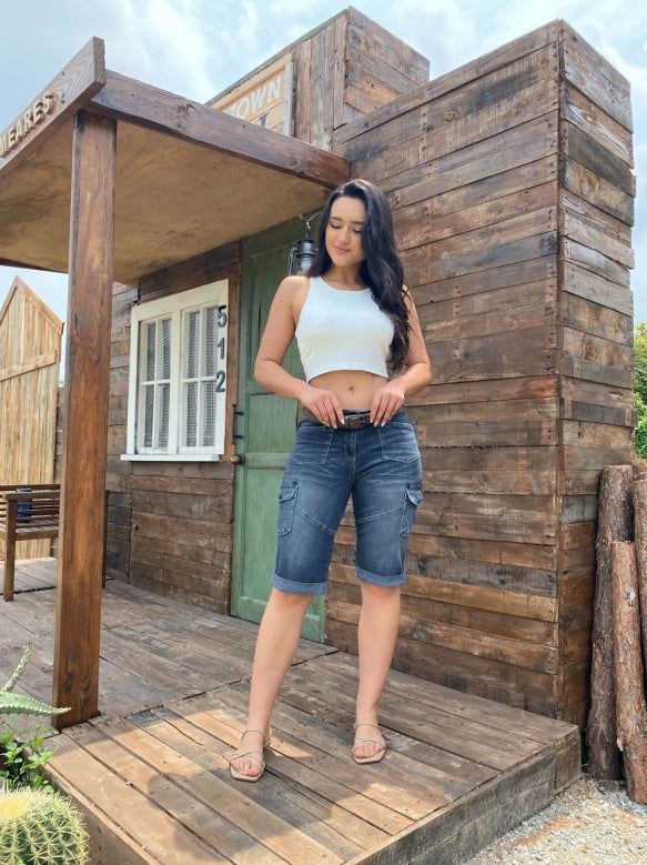 Womens Mid Rise Cargo Bermuda Jean Shorts