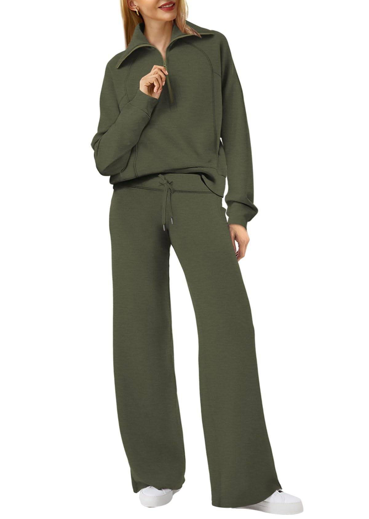 Two Piece Set Zip Sweatshirt Wide Leg Pants Suit
