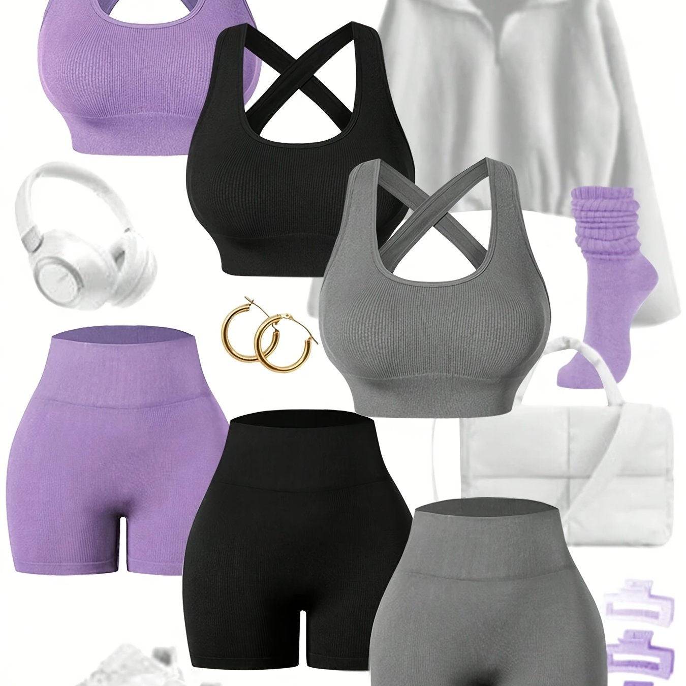 3-Piece Women’s Seamless Sportswear Set with See-Through Back Bra & High-Stretch Shorts, Tight Fit for Training & Fitness