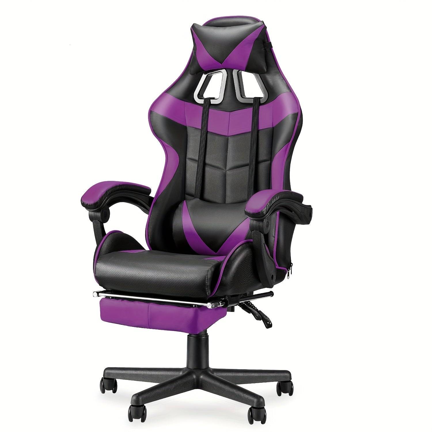 Purple and black ergonomic gaming chair with massage, featuring adjustable lumbar support and retractable footrest.