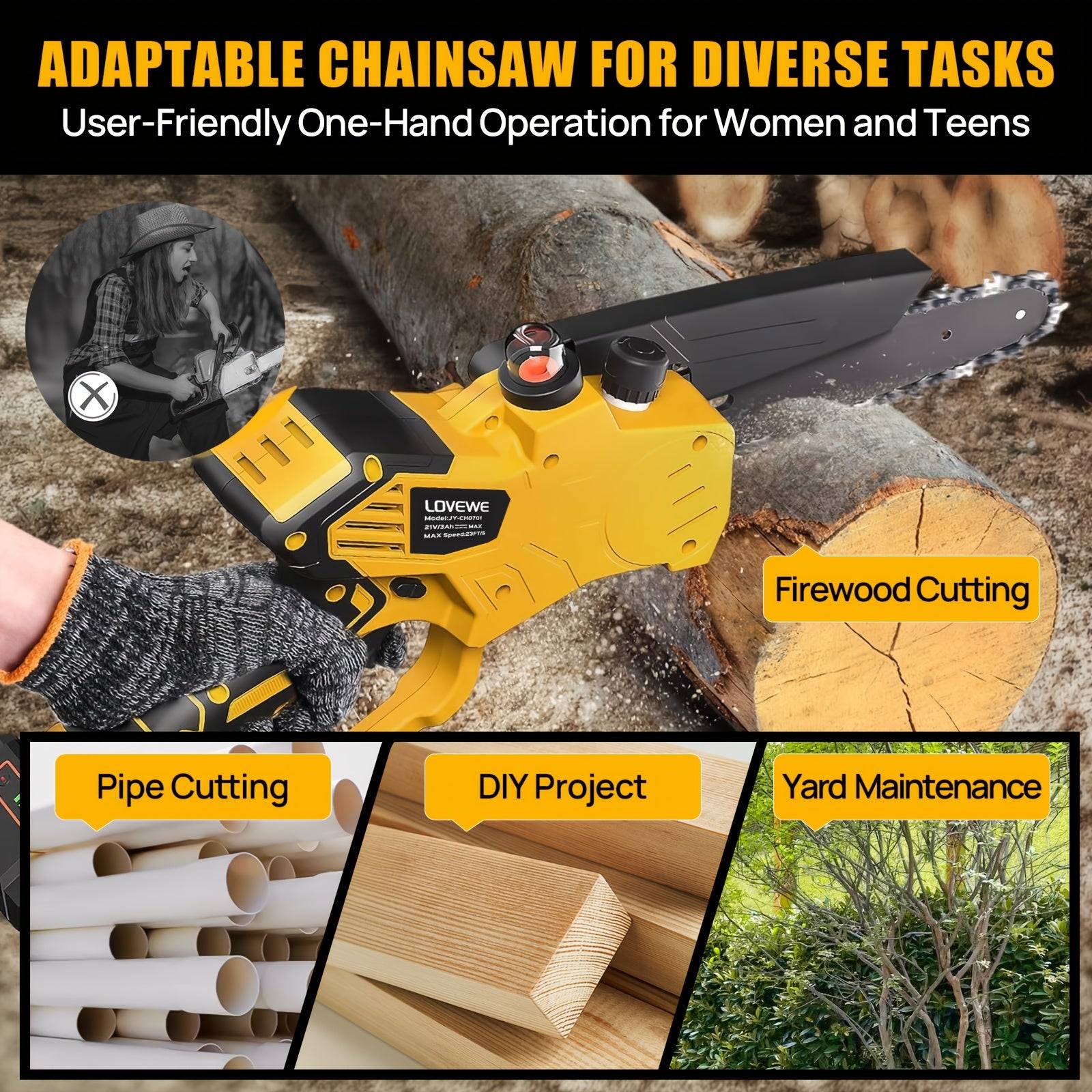 6-Inch Cordless Mini Chainsaw Handheld Electric Saw with 3.0Ah Battery 23FT/S Speed, Automatic Chain Tensioning & Auto Oiler for Tree Branch & Garden Work