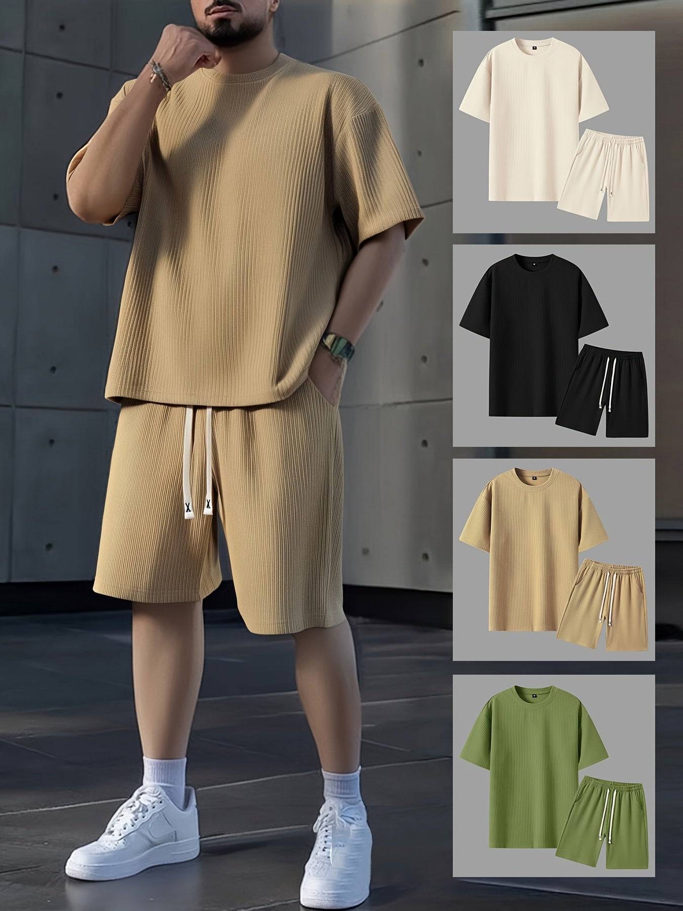 2pcs Men’s Summer Outfit Set – Short-Sleeve T-Shirt & Stretch Shorts in Textured Jacquard Fabric for Casual, Fitness & Beach Wear