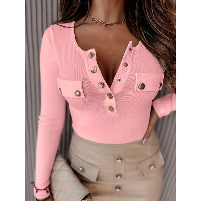 Ribbed Knit Blouse with Scoop Neck and Button Front