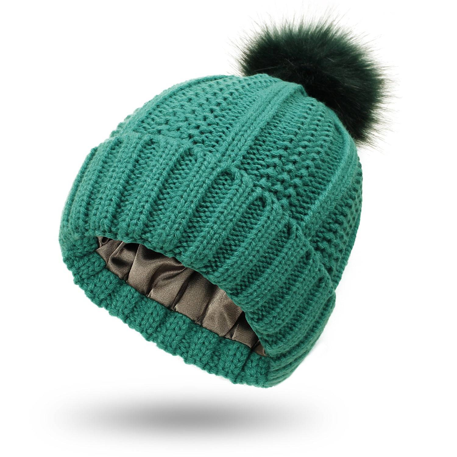 Womens Winter Hat Satin Lined Knit Beanie with Fur Pom