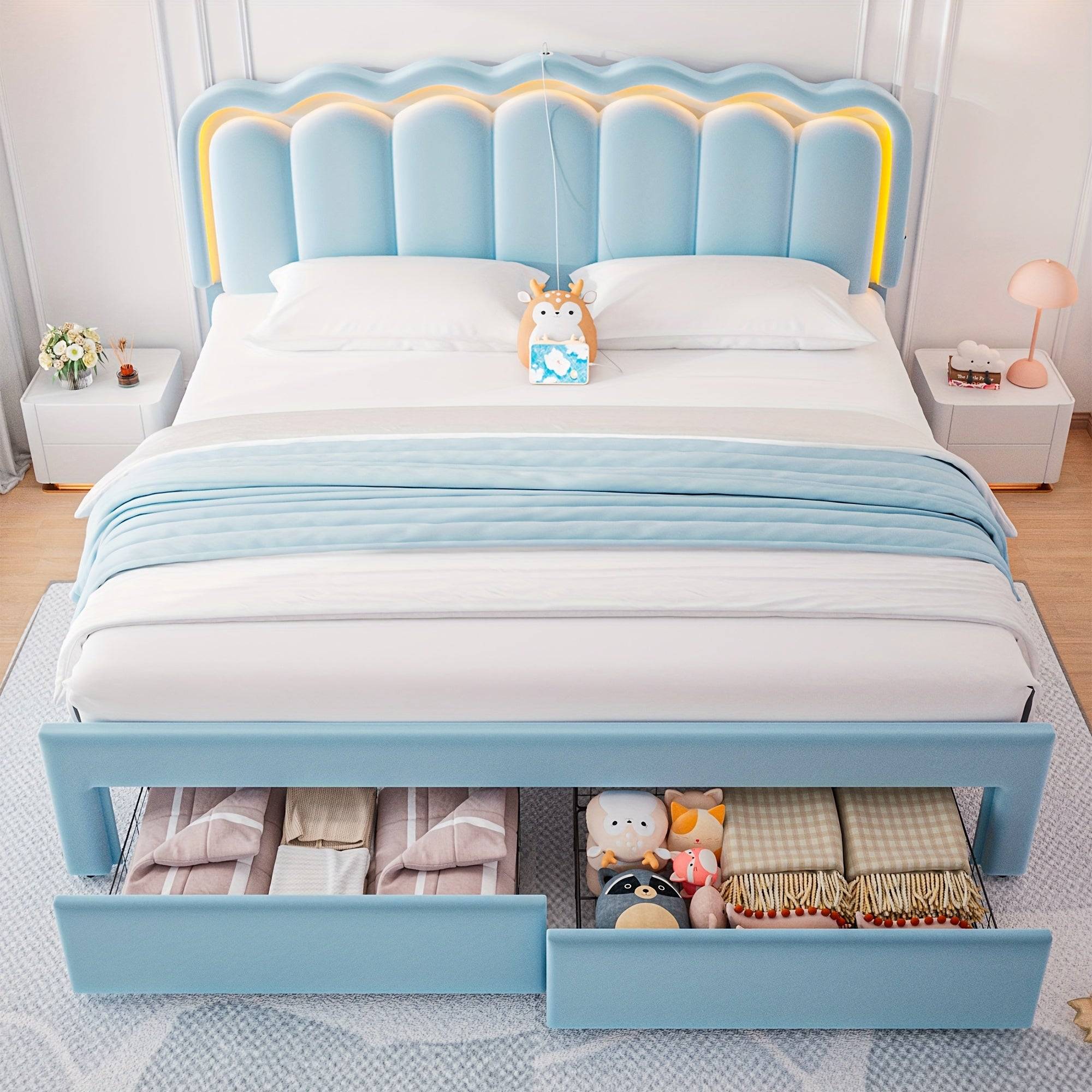 King Size Upholstered Platform Bed with Storage Drawers, Adjustable Headboard, Hardwood Frame, Modern Light Blue Design