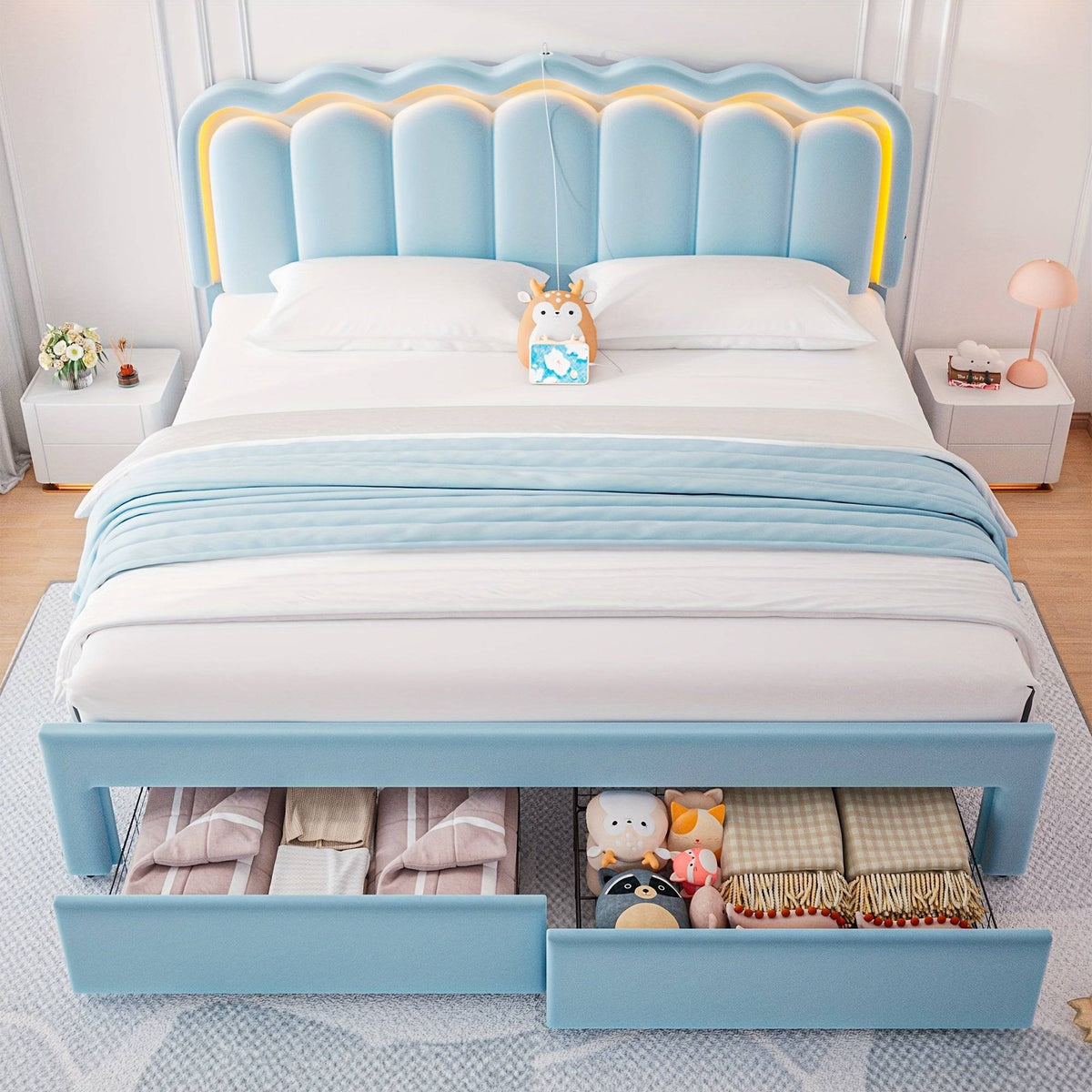 King Size Upholstered Platform Bed with Storage Drawers, Adjustable Headboard, Hardwood Frame, Modern Light Blue Design