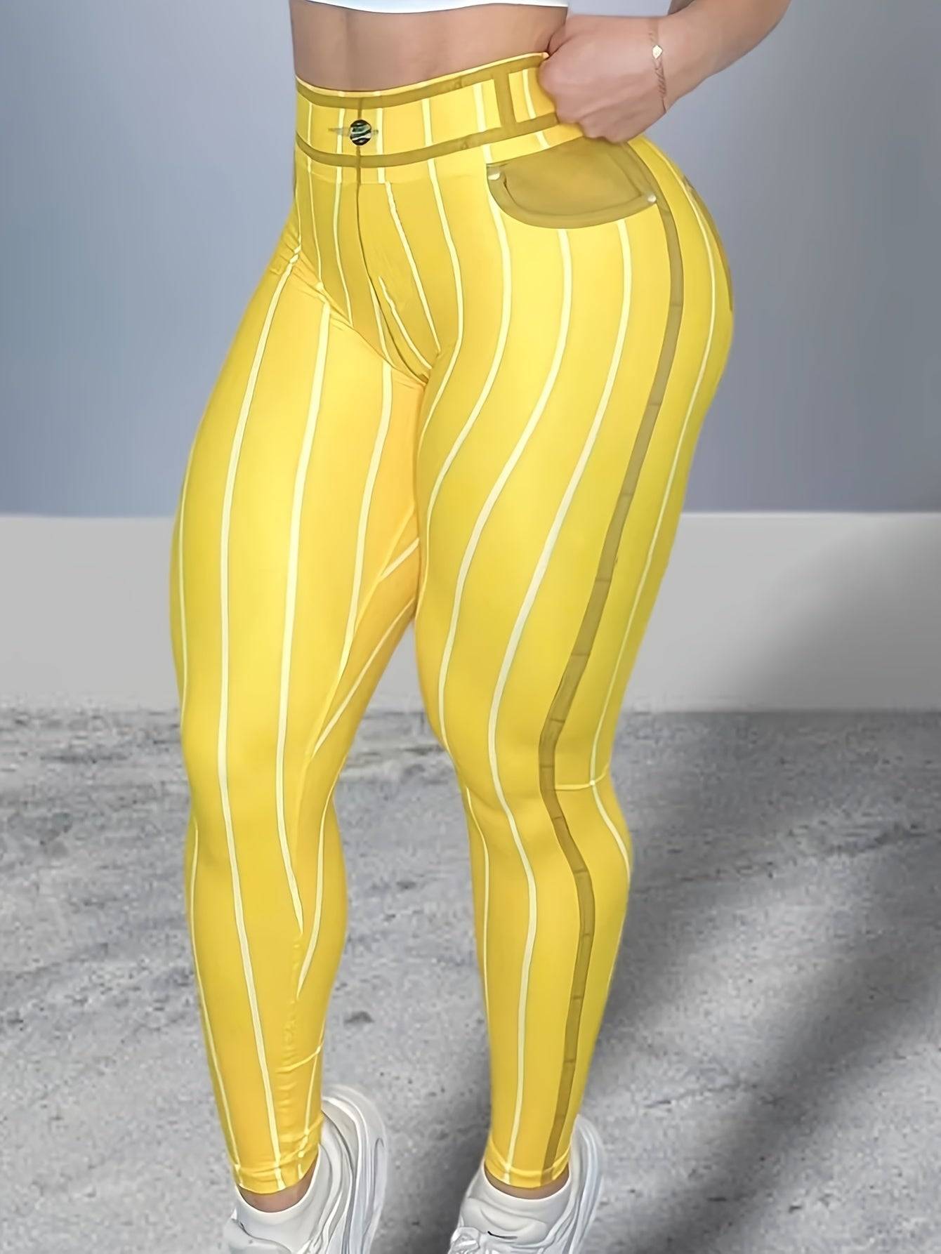Women's High-Waisted Denim Print Leggings, Stretchy 9" Length Pants with Striped Pattern and Fake Pockets, Slim Fit for Gym and Casual Wear