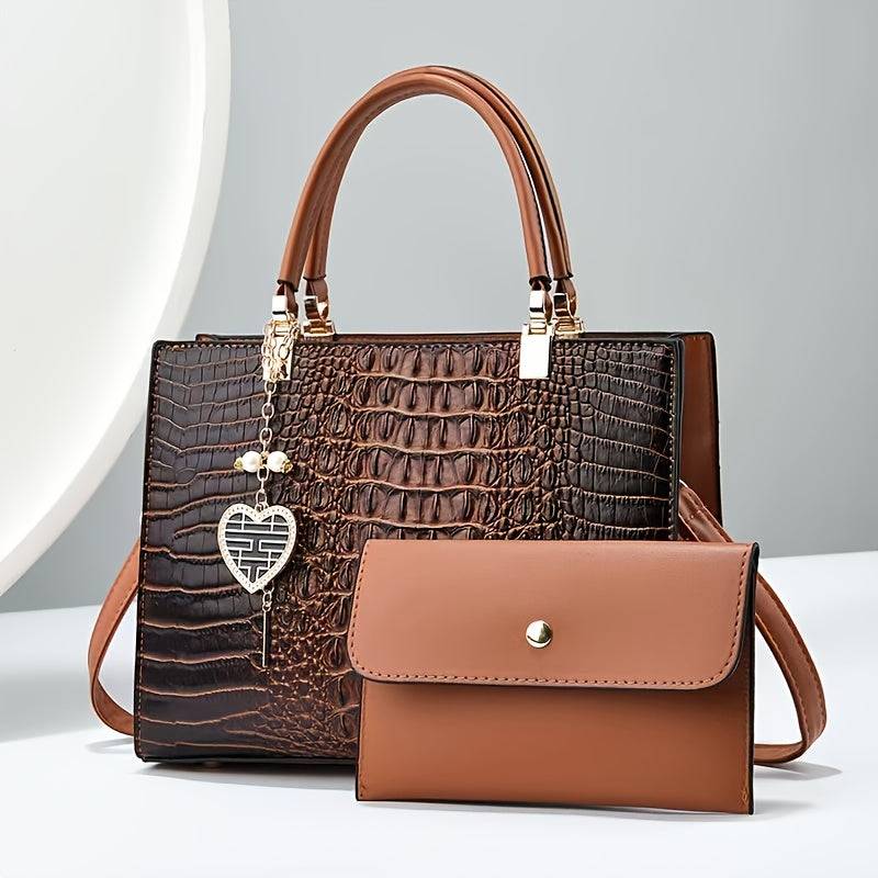 Women's Crocodile Pattern Shoulder Bag Elegant Faux Leather Messenger Purse for Daily & Evening Use