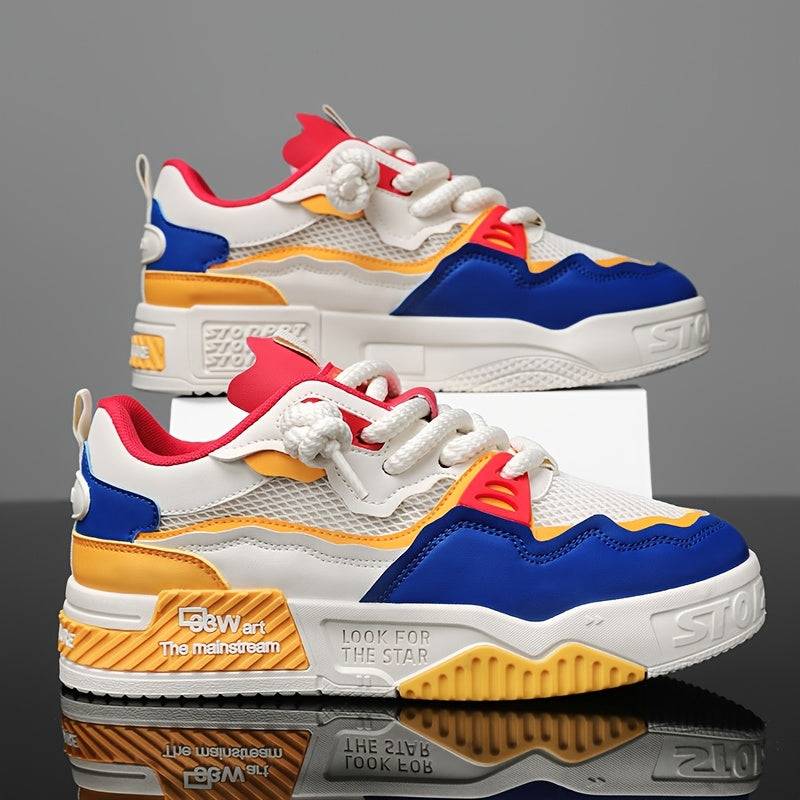 Bold men’s sneakers in red, blue, yellow, and white with breathable mesh and cushioned sole for sports, hiking, and casual fashion.