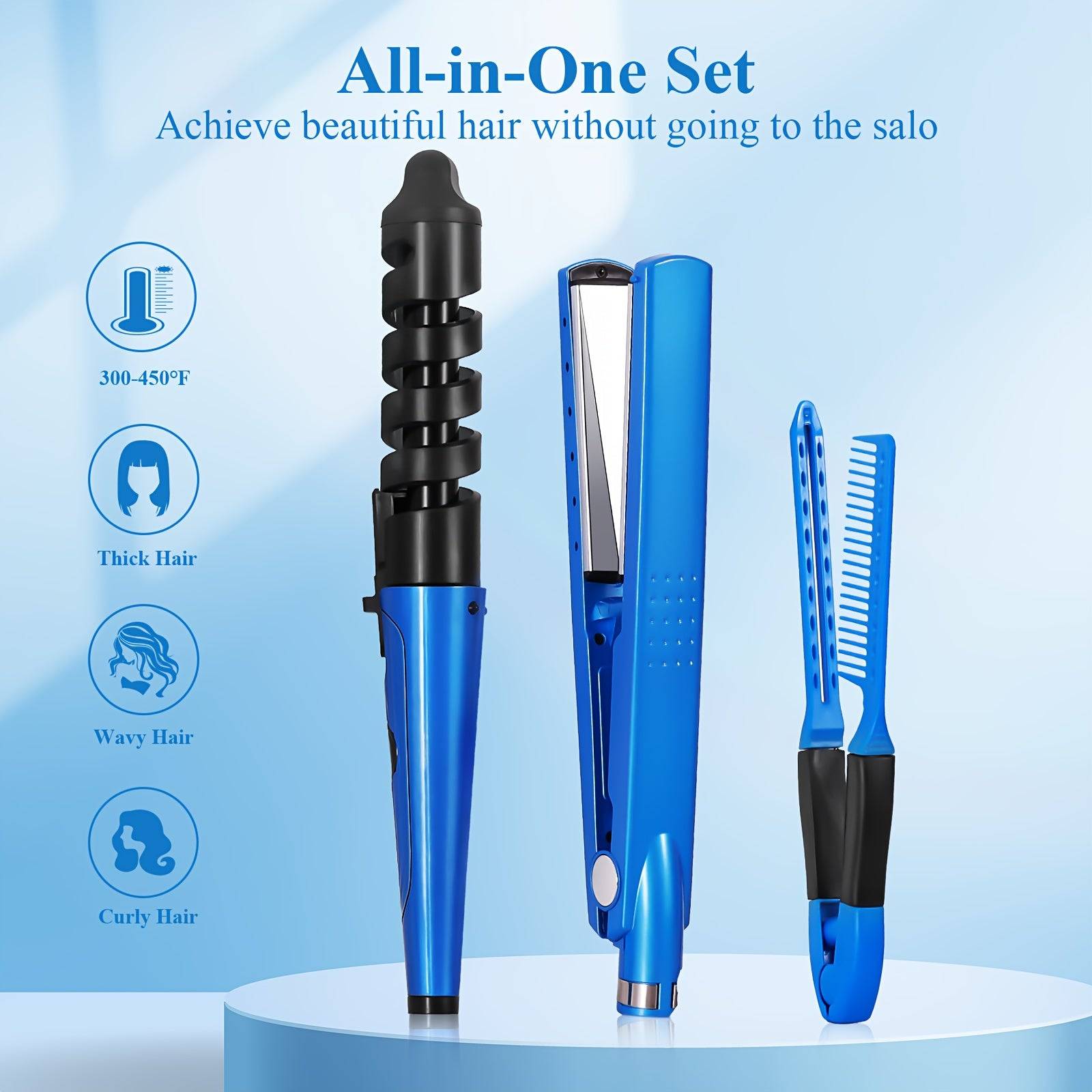 3pcs Hair Styling Kit for Women Flat Iron, Curling Wand & V-Brush 5 Temps Lightweight for All Hair Types