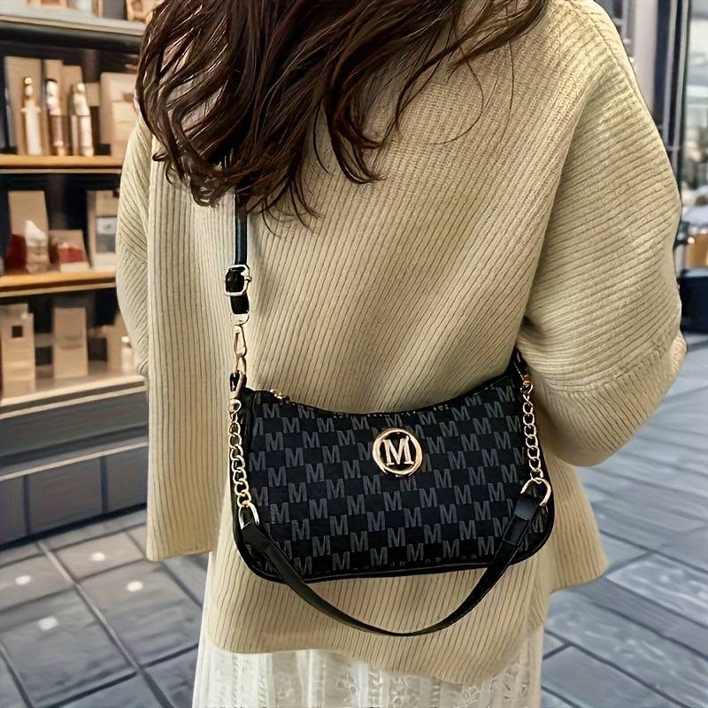 Women’s Vintage Crossbody Bag – Checkered Print, Gold Accents, Detachable Chain, Black & White