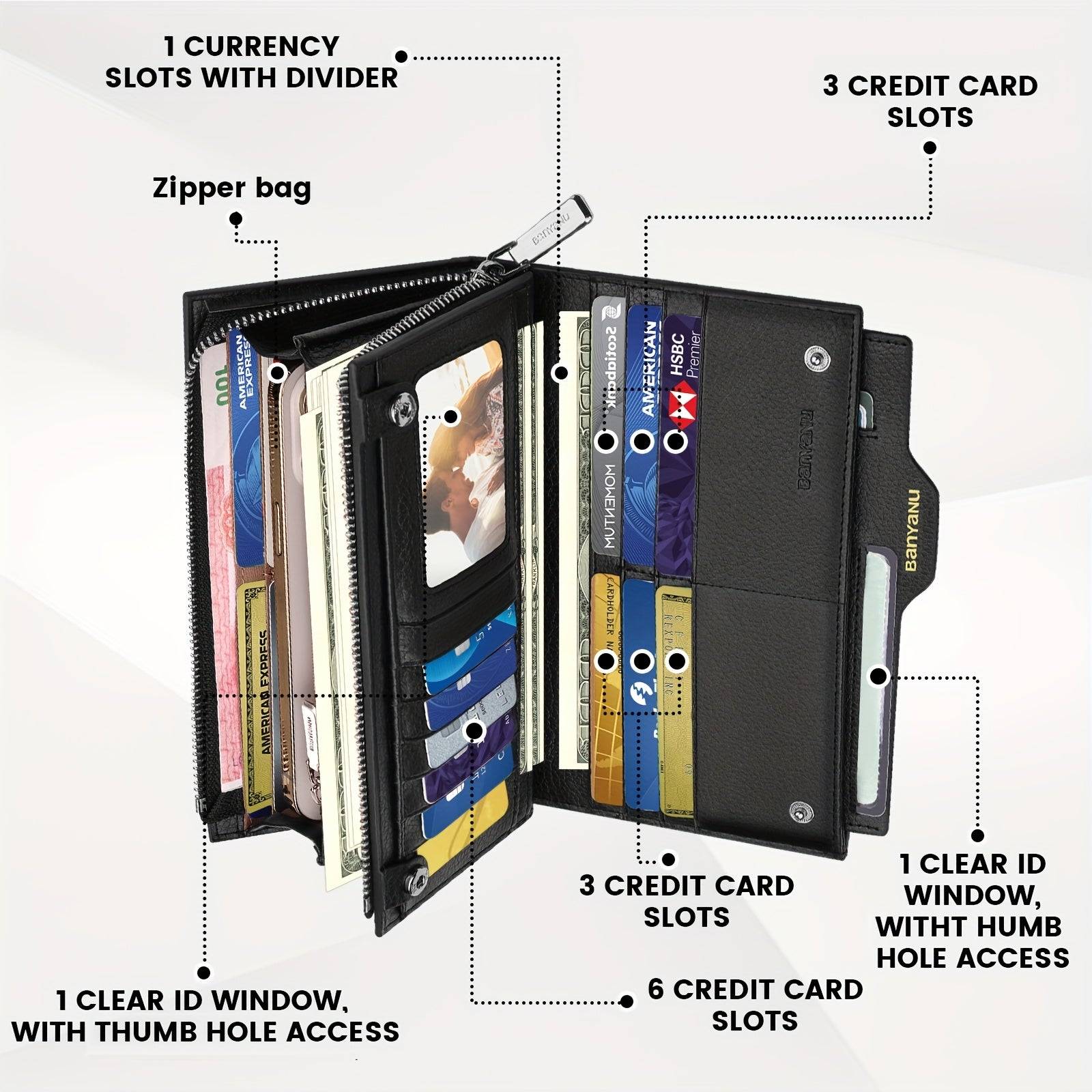 Genuine Leather RFID Blocking Clutch Wallet Large Capacity with 26 Card Slots, Phone Pockets & 2 ID Windows for Men & Women