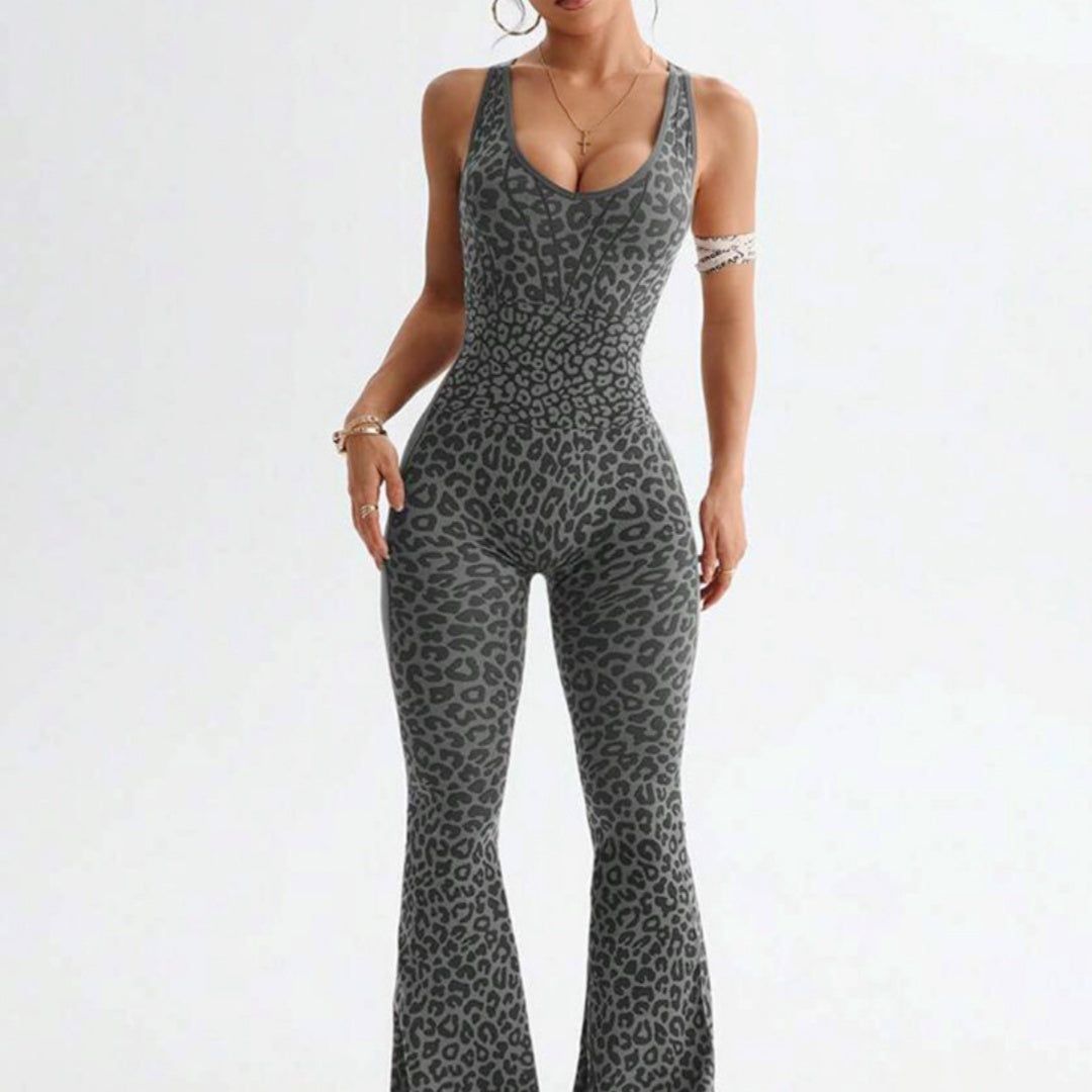 Women’s Casual Sports Jumpsuit Leopard Print Cross Back Moisture-Wicking Polyester Nylon Spandex Blend
