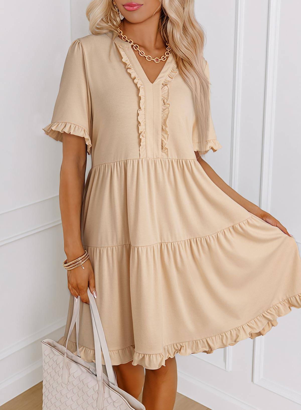 V Neck A Line Mini Dress For Women With Ruffle Detail