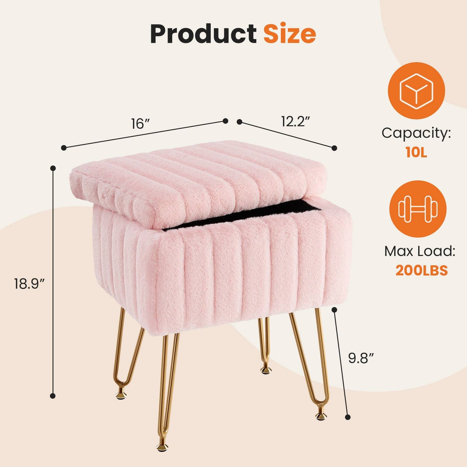 Vanity Stool with Hidden Storage Faux Fur Seat