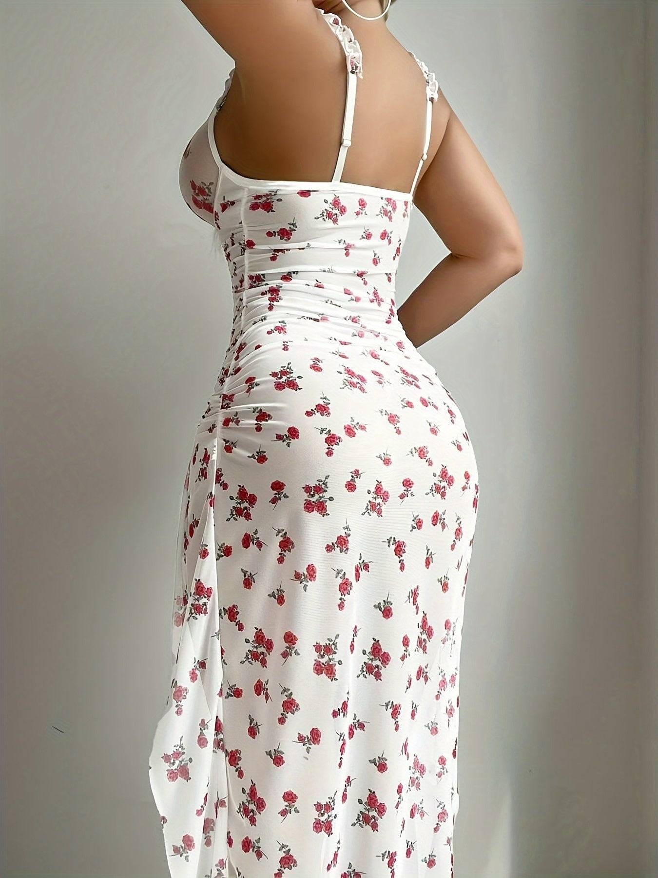 Women's Elegant Semi-Sheer Slip Dress Sets, Floral Polka Dot Nightdress with Ruffle Straps, V-Neck, Open Back, Side Slits and Thong