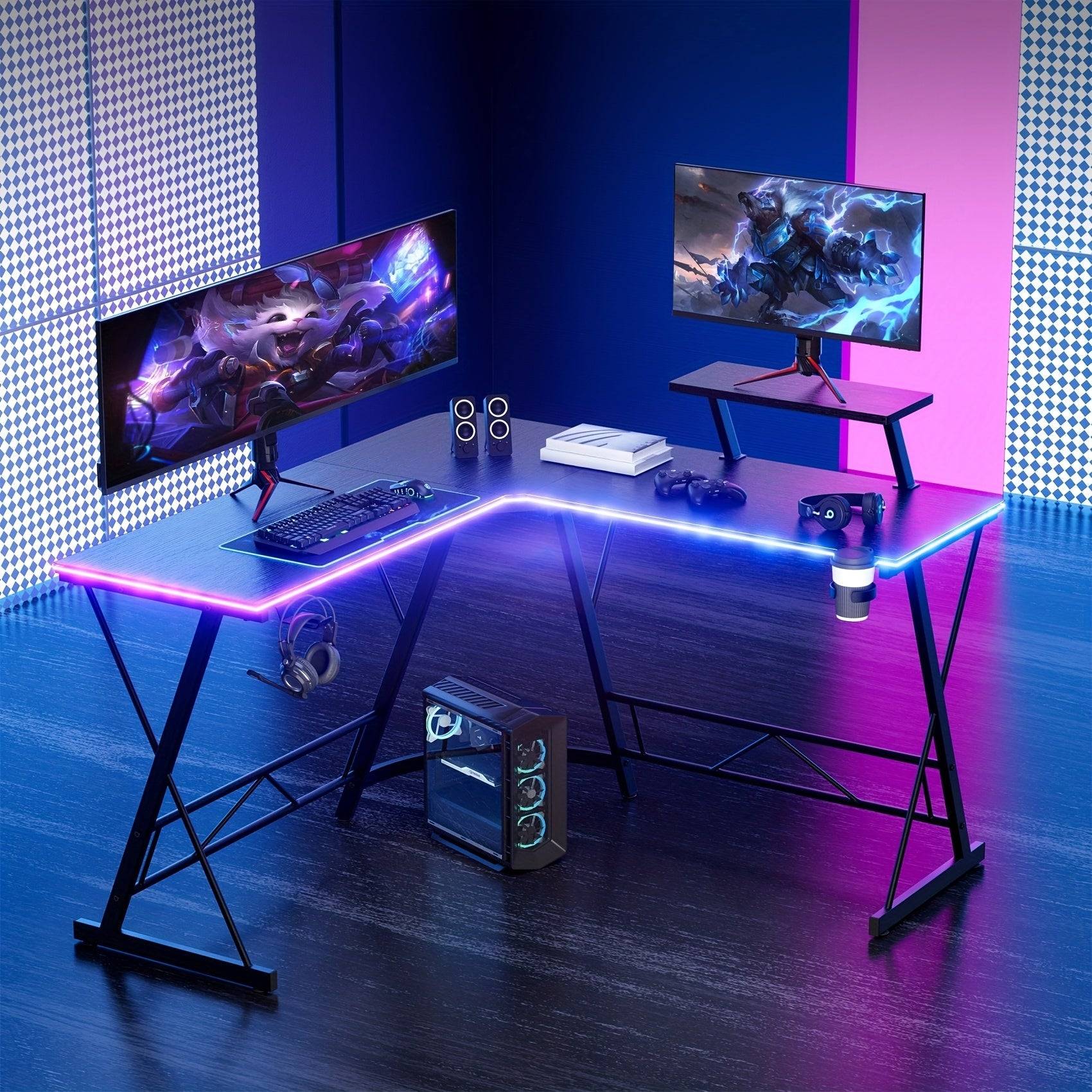 51" L-Shaped Gaming Desk, Black Corner Computer Table with Cup Holder, Headphone Hook, RGB Light Strip and Display Stand, Dual Workstation for Home Office or Game Room
