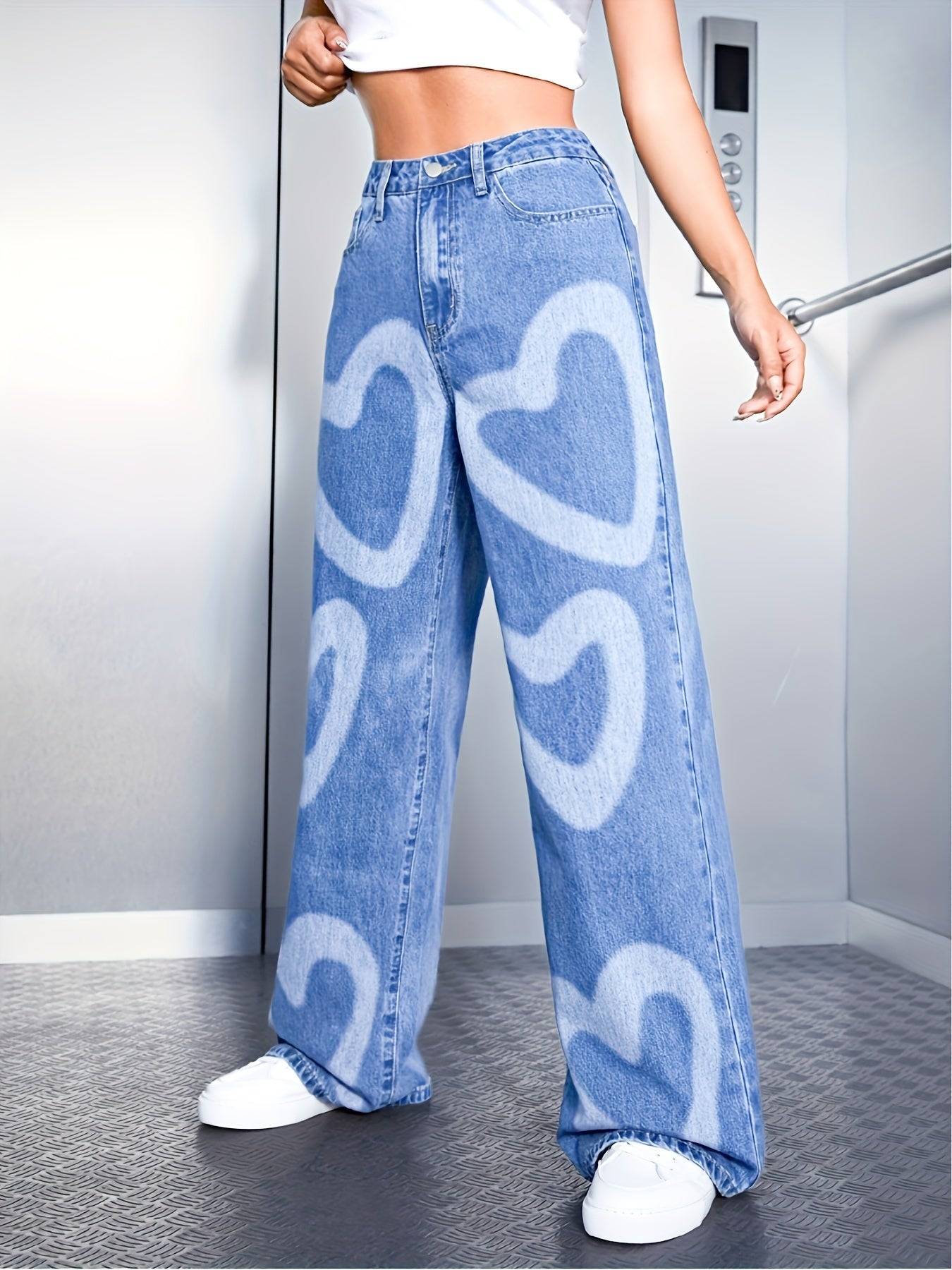 Women’s High-Waisted Wide-Leg Jeans Light Blue Denim with Heart Print Casual Loose Fit