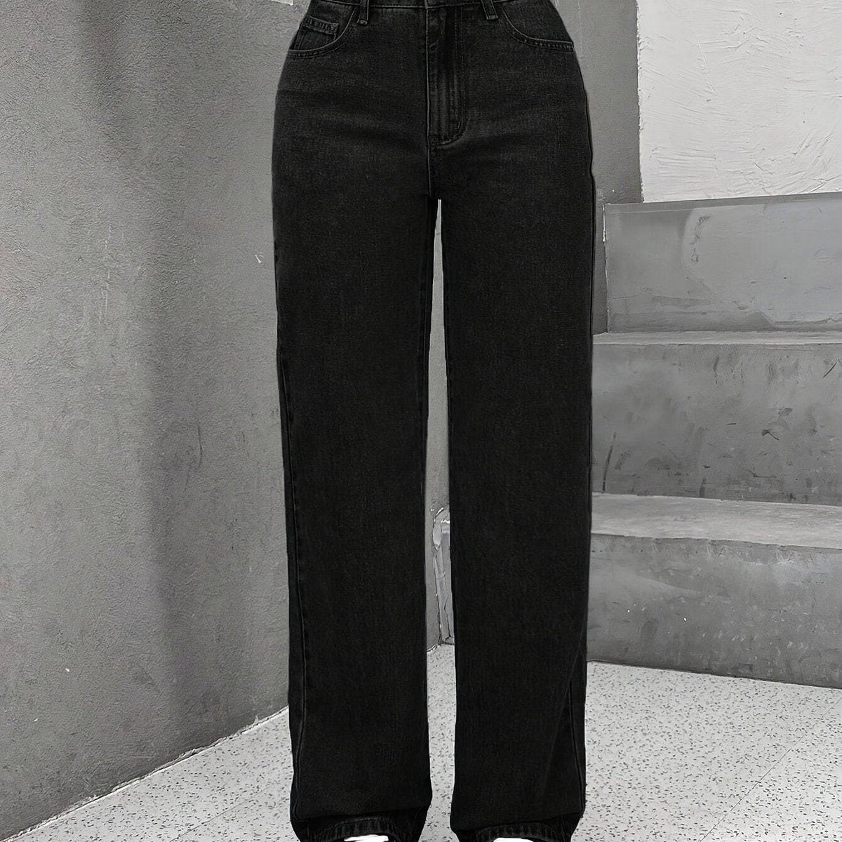 Plus Size Women’s Wide-Leg Black Jeans High-Waisted Stretch Denim with Slash Pockets