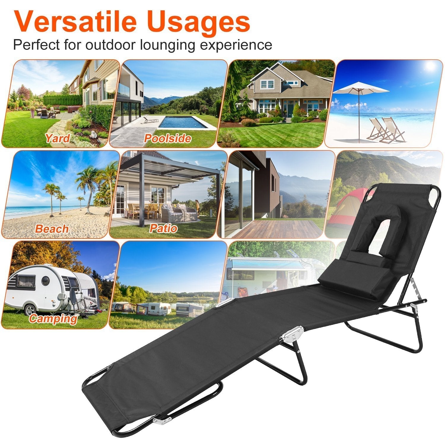 Folding Beach Lounge Chair with Face Hole 5-Position Adjustable Recliner 3 Removable Pillows 265 lbs Max Load