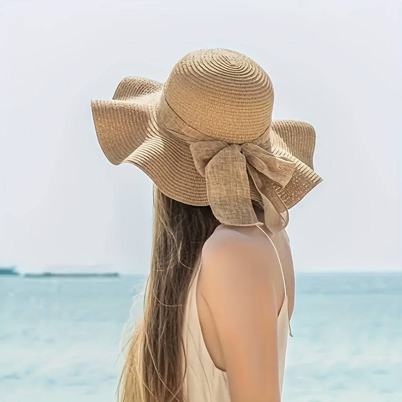 2-Pack Women’s Beach Set – Khaki Sun Hat & Woven Shoulder Bag for Summer Vacations